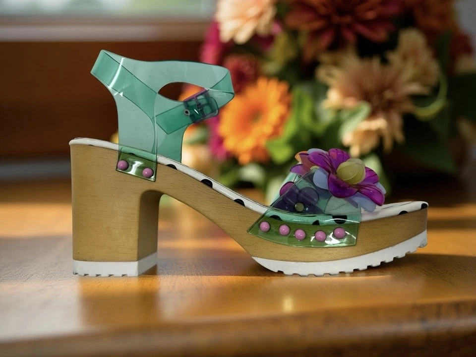 Zapatos Betsey Johnson Mujer Talla 9.5 Lunares Tacones Florales Retro Flores Sandalias Foto 2 de 4