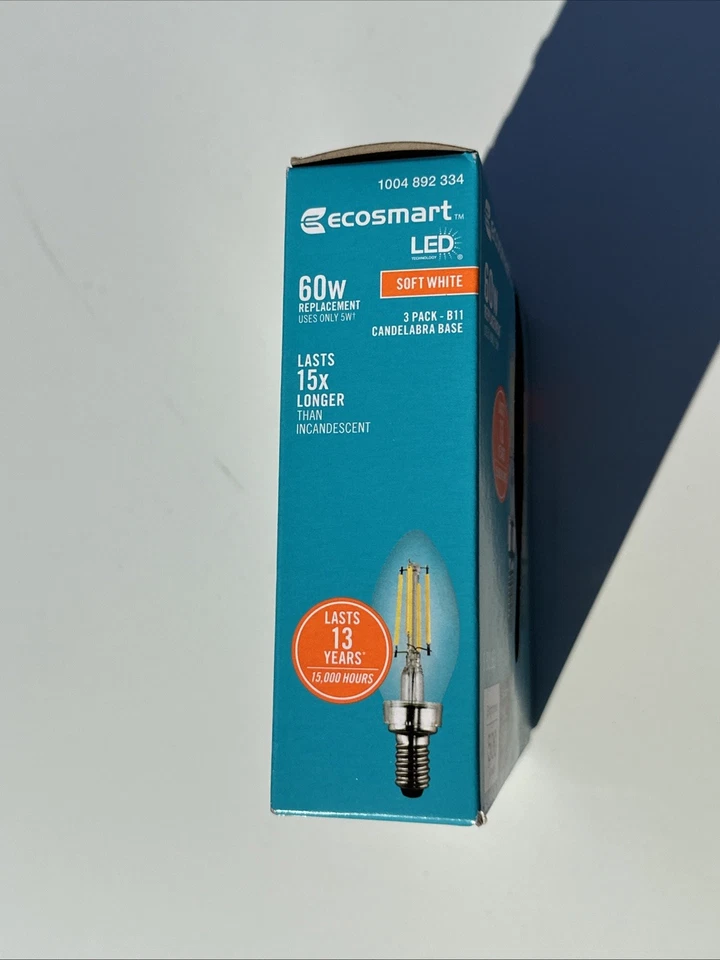 Ecosmart 60W B11 LED Soft White Dimmable Candelabra Base 3 Pack - Brand New - Image 4 of 4