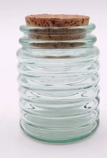 Ribbed Green Recycled Glass Jar w/ Cork Round Made: Canada Wide Mouth Bee 3 3/8"