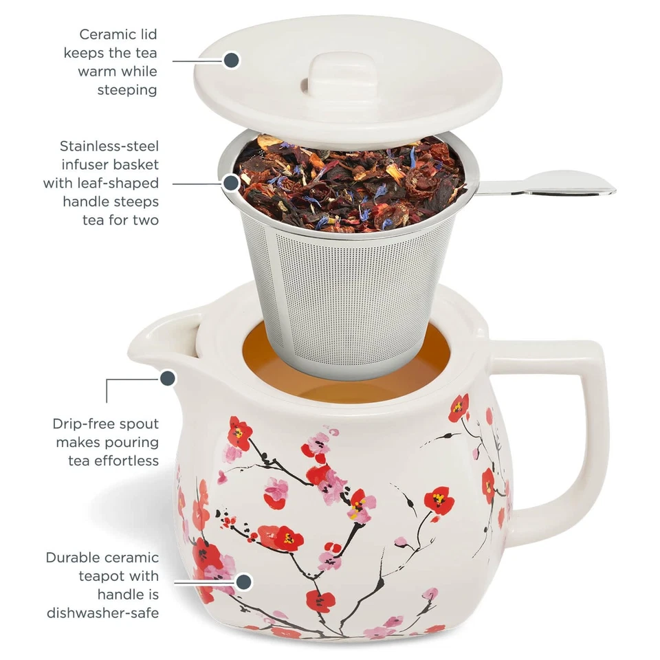 Fiore Sakura Cherry Blossom Ceramic Teapot with Removable Stainless Steel Inf... - Image 4 of 4