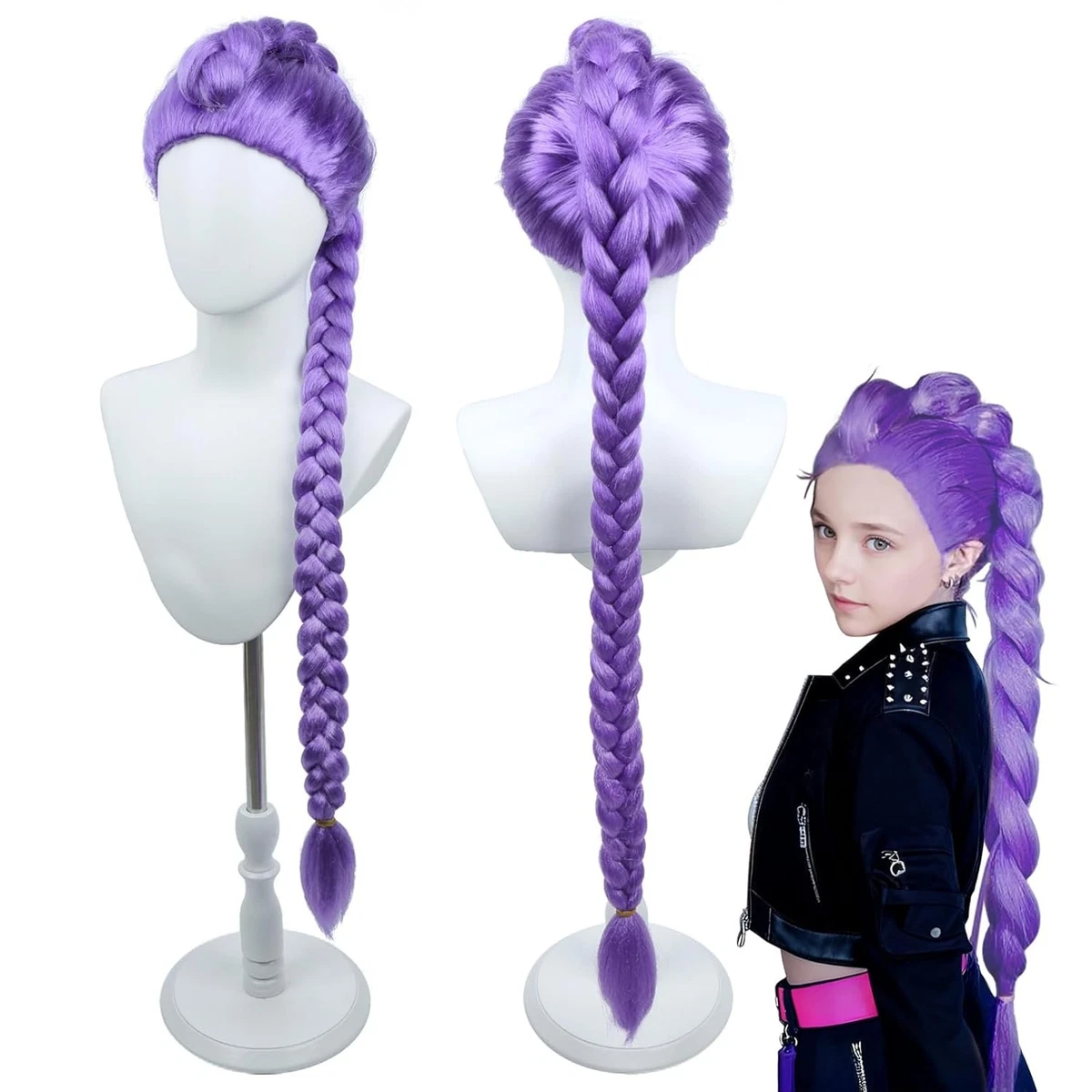 NEW TAG ! Mupul Short Straight Hair Wig & Long Braided Wig 36x2 Set Purple One Size Purple Braided Wigs for sale | eBay main image 4
