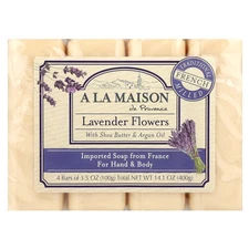 Hand & Body Bar Soap, Lavender Flowers, 4 Bars, 3.5 oz (100 g) Each
