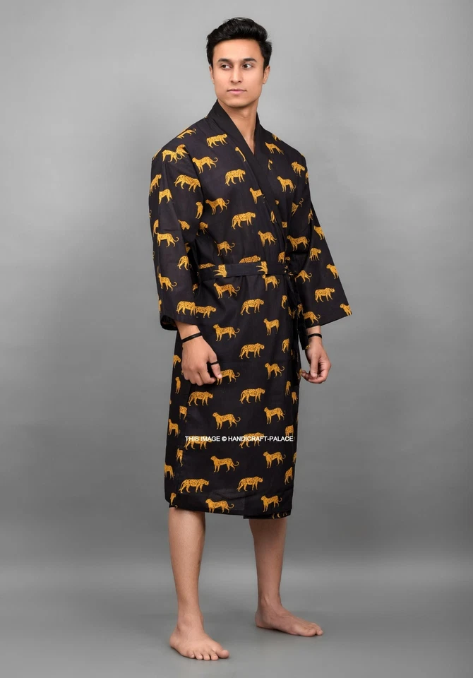 Negro Estampado Leopardo Ligero 100% Algodón Hombre Bata Kimono Suave Pijama - Imagen 4 de 4