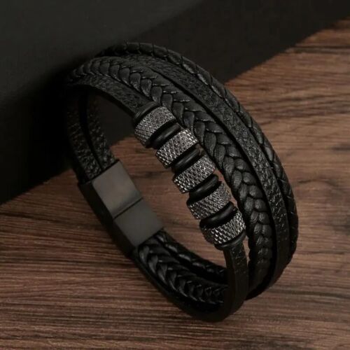 Leder Armband Herren Schwarz Echtes Edelstahl Männer Geschenk - Bild 39 von 60