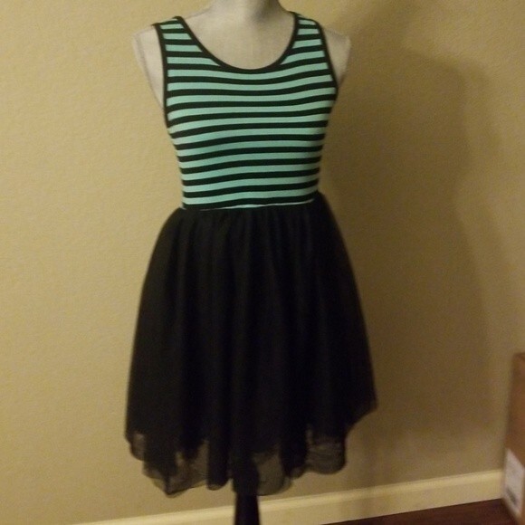 ladies skater dress size 16 🌹Knit Works Girls Tulle Tank Skater Dress Black/Turquoise Stripes Size 16🌹
