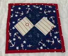 Vintage Antique Patchwork Small Quilt Table Topper, Four Patch, Navy, Red