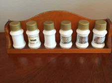 Vintage White Milk Glass Spice Jars Rope Edge Foil Labels With Lids- 6 and Rack 