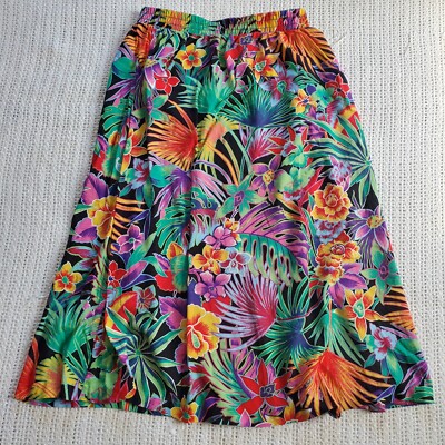VTG 90s Tropical Floral Rayon USA Made Women's Petite Small Midi Skirt  Colorful