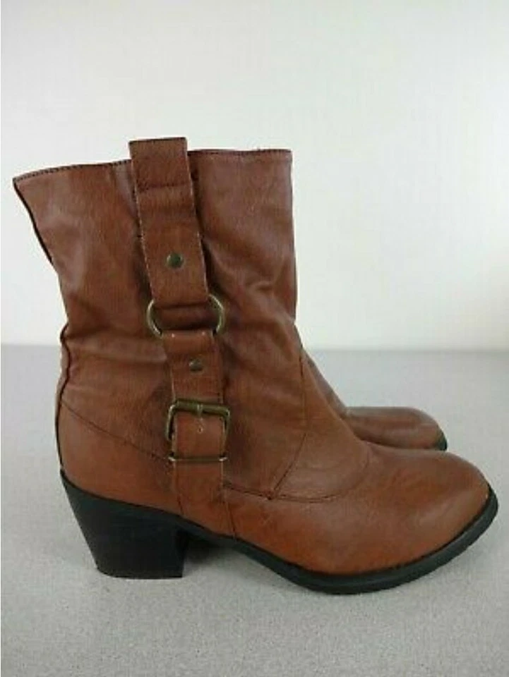 Botas de invierno Wet Seal para mujer talla 7 marrón correa hebilla tacón medio pantorrilla Foto 2 de 4