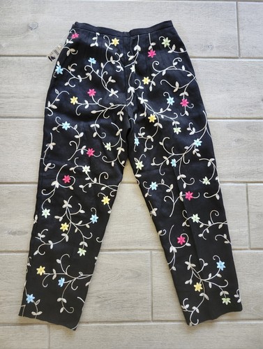 Vintage Talbots Irish Black Linen Floral Embroidered Cropped Pants Sz 6P NWT - Picture 2 of 6