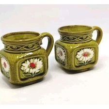 Ceramic Coffee Mugs MCM Set Green Floral Embossed Square Tea Cups Hand Painted