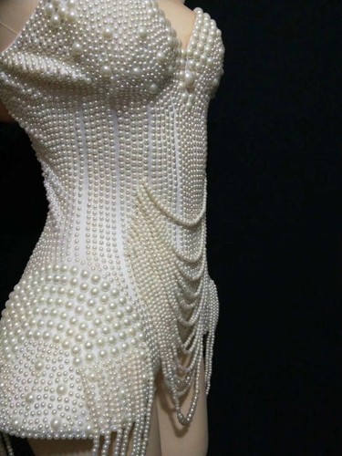 White Pearls Tasseled Bodysuits Sexy Women's Party Clubwear Performer Outfit - Picture 6 of 10