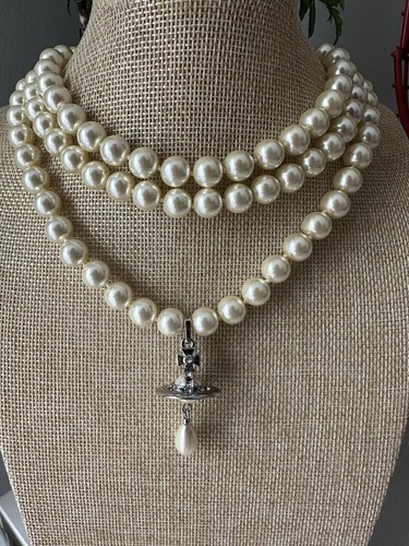 Collana girocollo Vivienne tre file triplo strato goccia perle argento - Foto 2 di 6