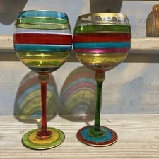 2 Hand blown Hand painted baloon goblets red blue green stripes 9''X3'' pier one