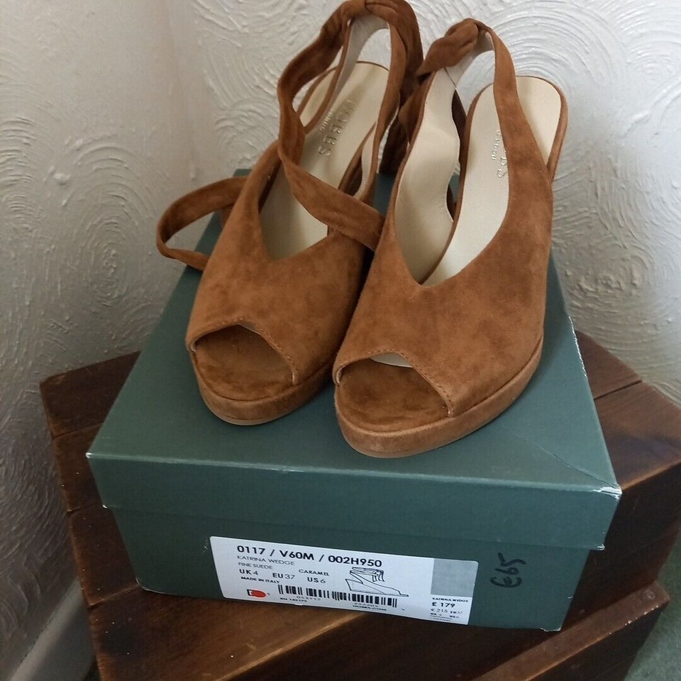 Hobbs London Suede Katrina Wedges UK 4 EU 37 Caramel Brown Peep Toe