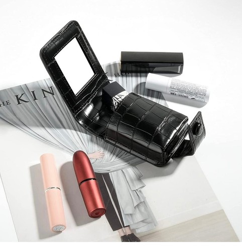 Premium Leather Double Lipstick Case Holder Makeup Travel Mini Pouch With Mirror