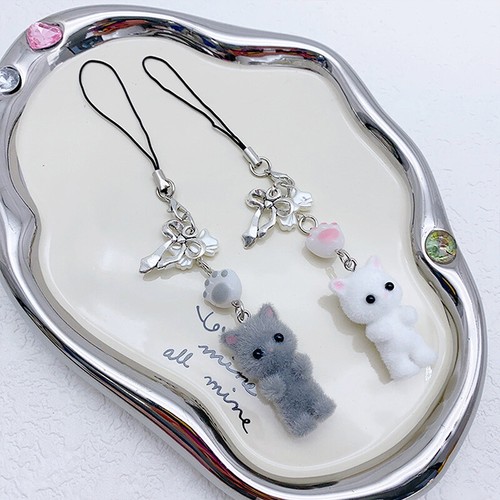 Kawaii Flocking Cat Pendant Phone Lanyard Y2K Cute Bow Kitten Phone Chain - 第 2/8 張圖片