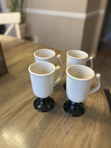 Set Of 4 Vintage HALL Black White Ceramic PEDESTAL IRISH COFFEE MUGS CUPS 1272