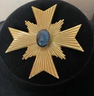 Vintage Miriam Haskell Gold Tone Blue Cabochon Maltese Cross Brooch - Signed