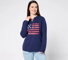 Denim & Co. Active Americana Flag French Terry Sweatshirt Navy XS New