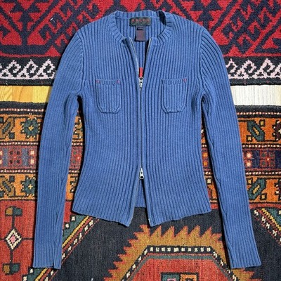 Vintage 90s Ralph Lauren Ribbed Cotton Double Zip Sweater Cardigan Moto Sz. S