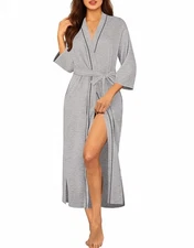 Robes Long Knit Bathrobe Lightweight 3/4 Sleeves Kimono Soft Sleepwear Pockets
