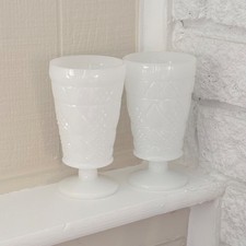 Hazel Atlas Milk Glass Gothic Footed Tumblers Diamond & Fan Vintage Set Of 2