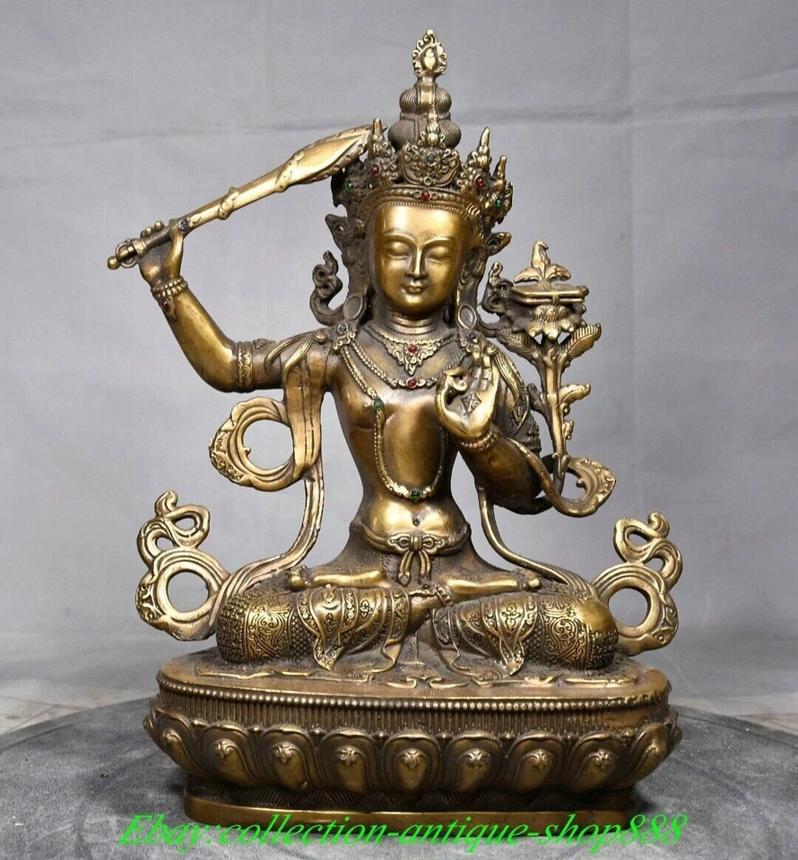 12" Antiguo Tíbet Cobre Dorado Gemas Wenshu Manjushri Boddhisattva Buda Espada Estatua Foto 3 de 4