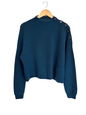 Vanessa Bruno Blue 100% Wool Button Shoulder Sweater Size M Ribbed Knit