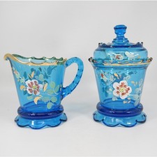 Antique EAPG Jefferson Vogue Scalloped Skirt Creamer Sugar with Lid Blue Glass