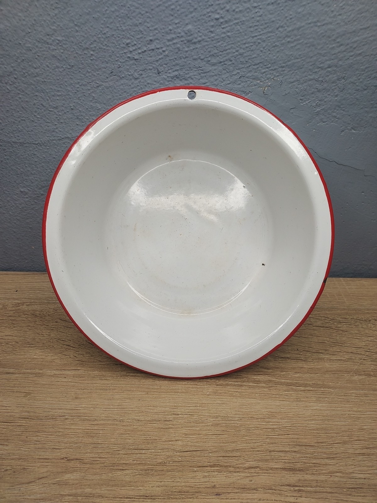 Vintage Enamelware Mixing Bowl Colander White Red Trim Strainer Cottage Kitchen