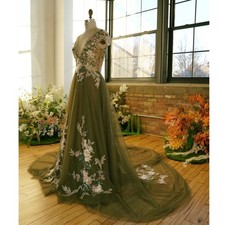 Boho V-neck A-line Lace Embroid Prom Dress Princess Green Tulle Evening Dresses
