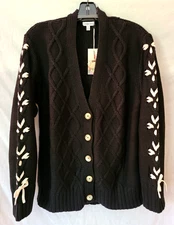$398 JOHNNY WAS SZ XL ANESSA BOW CARDIGAN SWEATER 100% COTTON BLACK B:42" L:23"