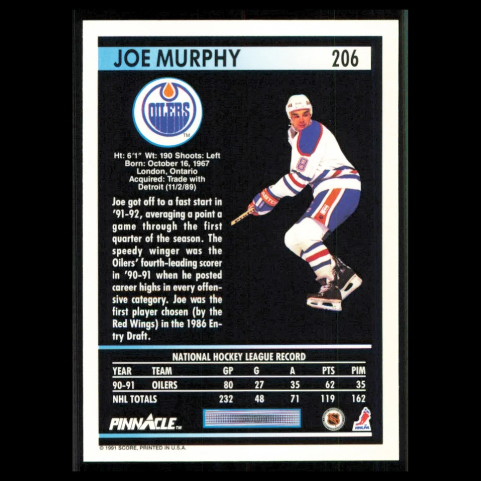 Joe Murphy #206 1991 Pinnacle Edmonton Oilers Hockey Card NHL NM - Image 2 of 3