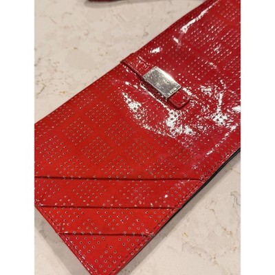 Lodis Red Patent Leather Perforated Wristlet Clutch Bag Silver Hardware Luxury