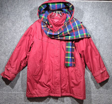Vintage LONDON FOG Red Hooded Parka With Colorful Plaid Lining Scarf Women's