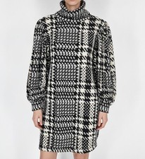 Monaco Womens Sz S Knee Length Sweater dress Black White Fleece Houndstooth