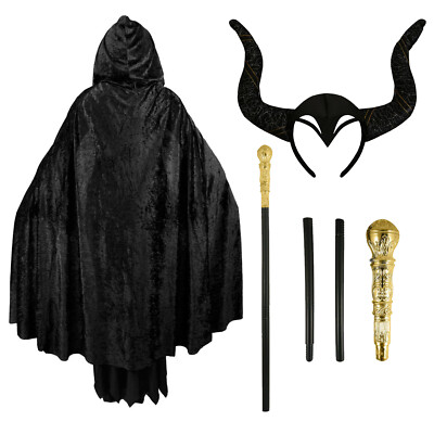 DAMEN BÖSE HEXE KOSTÜM HALLOWEEN MÄRCHENKOSTÜM UMHANG HÖRNER STOCK MALEFIZ