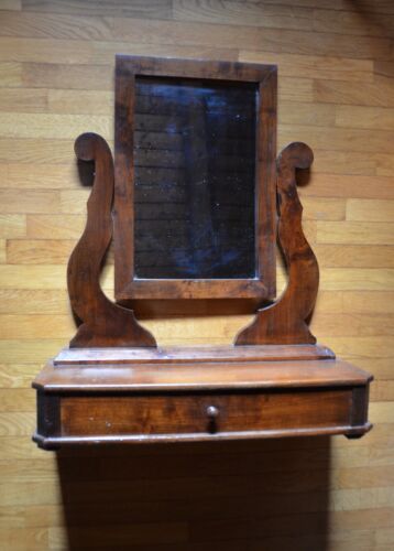 Specchiera antica da tavolo o comò in legno con cassetto e specchio. - Foto 1 di 5
