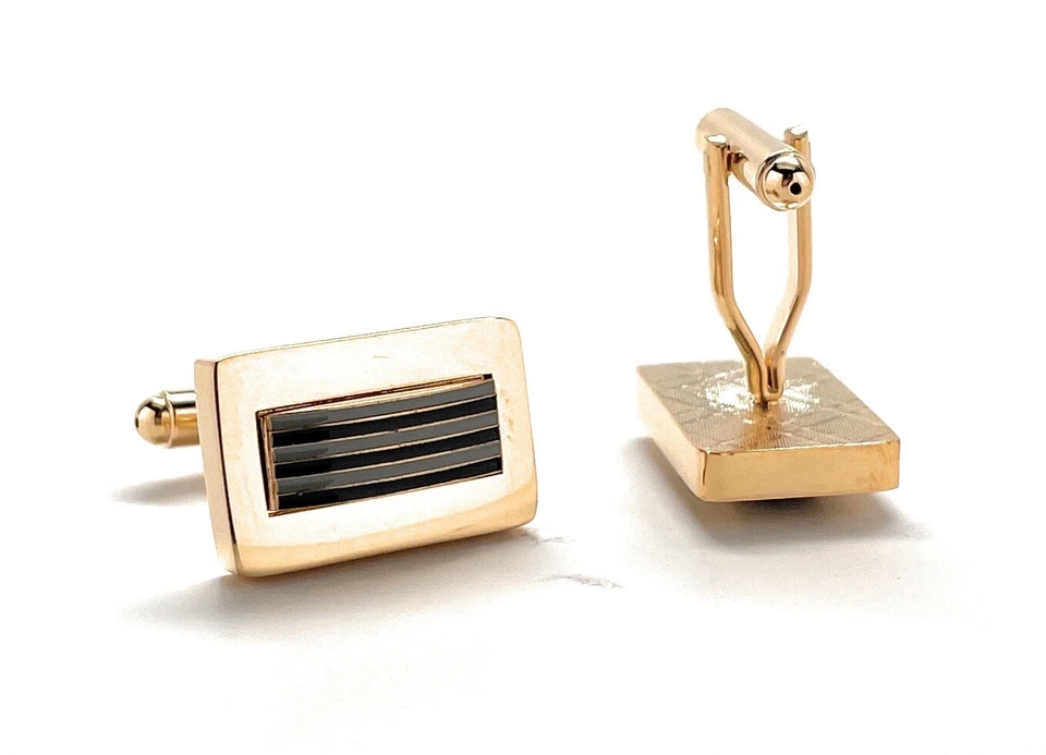 Gold Power Bars Cufflinks Gold Rhodium Platting Black and Grey Enamel Wedding - Image 2 of 4