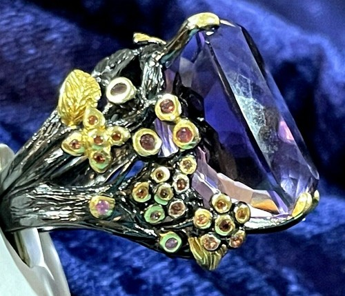 Natural Amethyst + Sapphire Ring Silver 925 Sterling AA color gem 45ct Size 8 - Picture 2 of 5