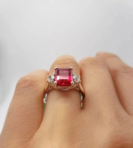 4.40 Ct Emerald Cut Natural Ruby Diamond Engagement Ring 14K White Gold Solid - Picture 2 of 6