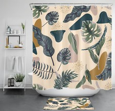 Mid Century Tropical Green Leaf Beige Shower Curtain Bathroom Accessories Set