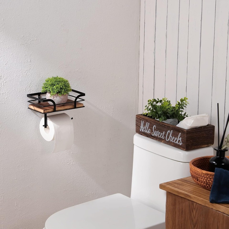 Rustic Farmhouse Toilet Paper Holder with Wood Shelf Black Metal