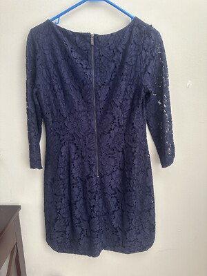 Vince Camuto Womens Size 4 Navy Lace Overlay Shift Dress 3/4 See Through  Sleeve