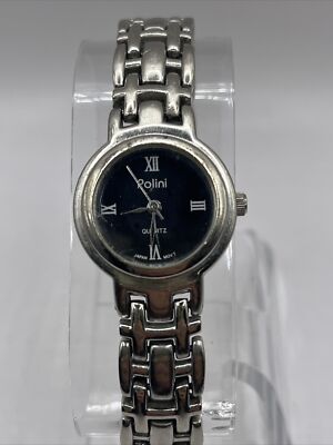 Polini Women's Quartz Watch Silver Tone Band Black Dial- New Battery