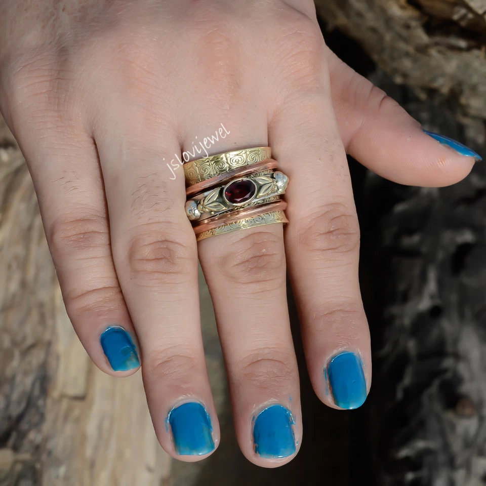 Anillo giratorio de plata de ley 925 con piedras preciosas de corte ovalado granate todas las tallas JL_1793 Foto 4 de 4