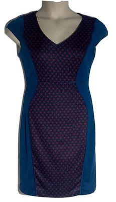 Marc New York by Andrew Marc Sheath Dress Blue Red Hearts Stretch Midi Size 6