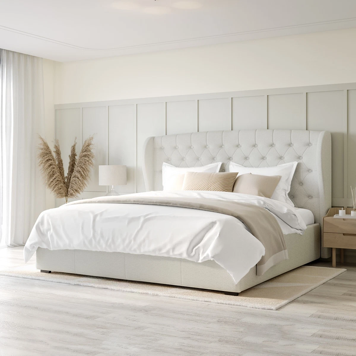 Cream Fabric Super King Ottoman Bed with Winged Headboard Safina SAF125SK