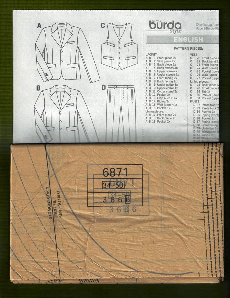 Men's Classic 3 Piece Suit Sewing Pattern~Jacket Vest Pants (34-50) Burda 6871 - Image 4 of 4